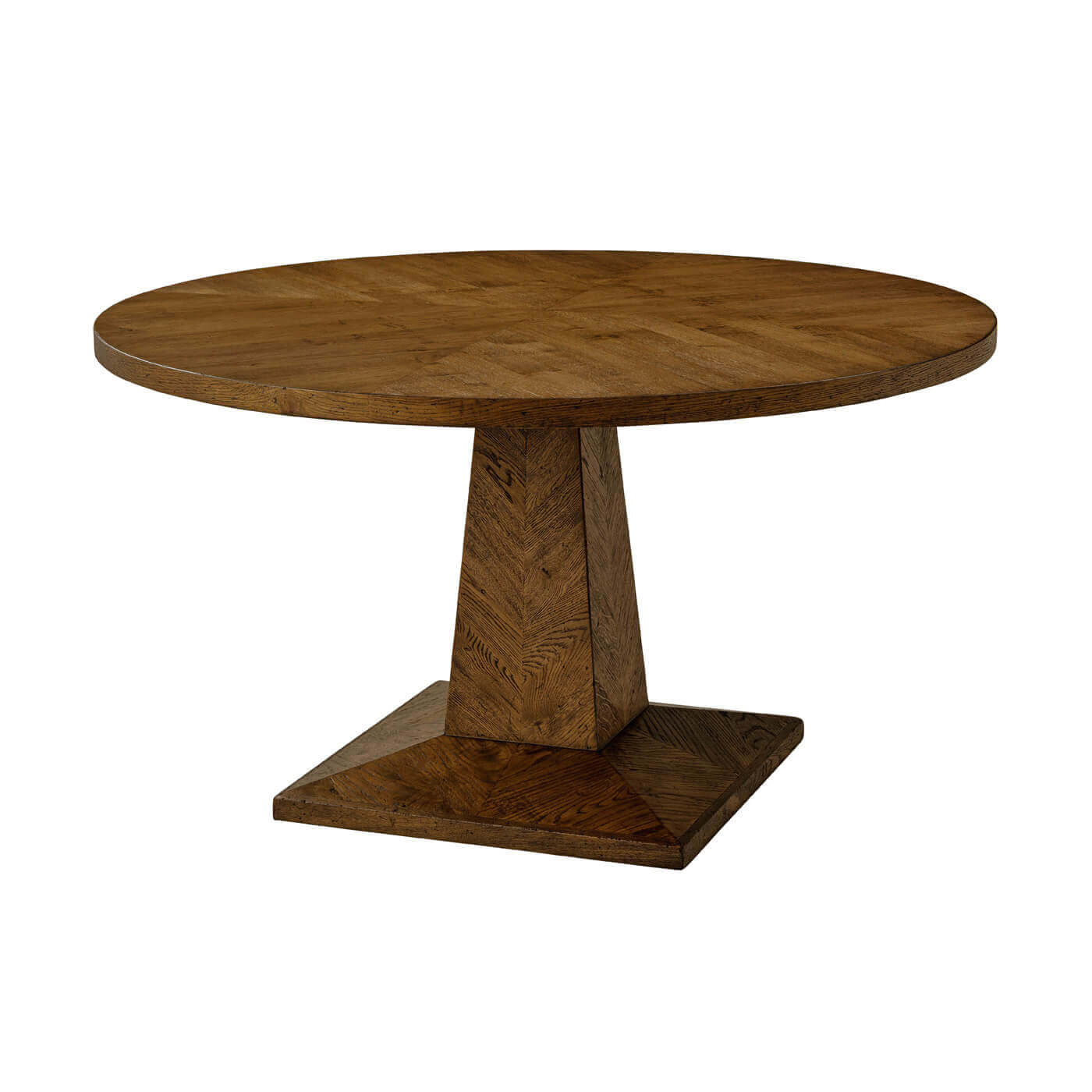 Round wood dining table with pedestal base, dark oak finish.