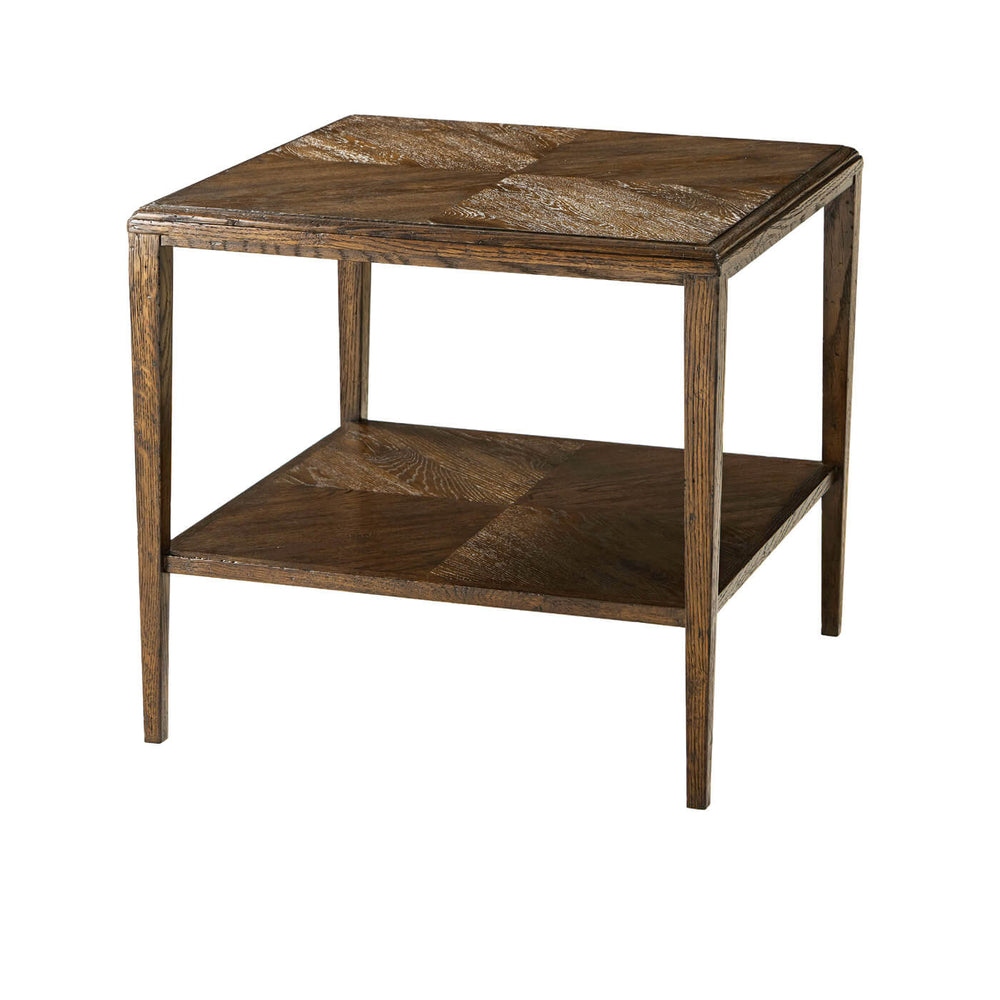 Dark oak rustic end table angled view.