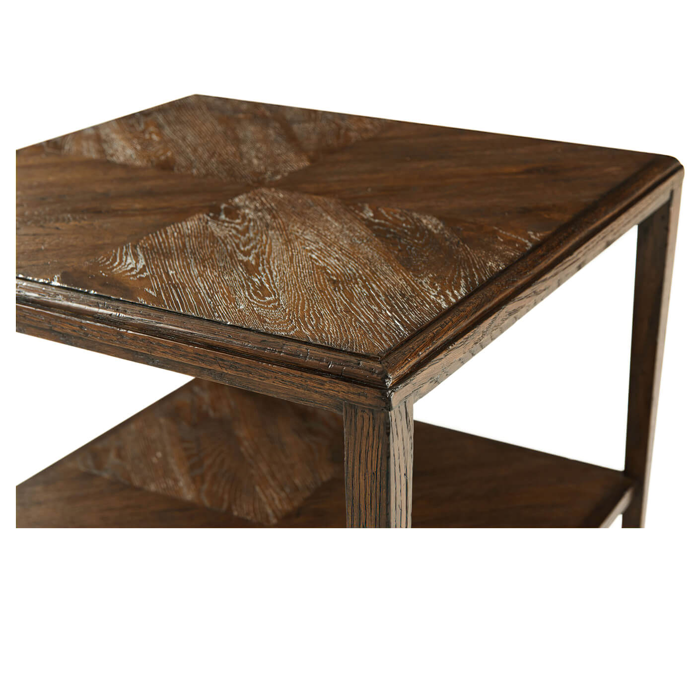 Corner detail of dark oak rustic end table.
