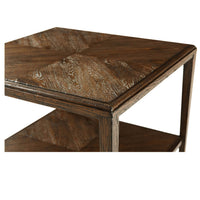 Corner detail of dark oak rustic end table.