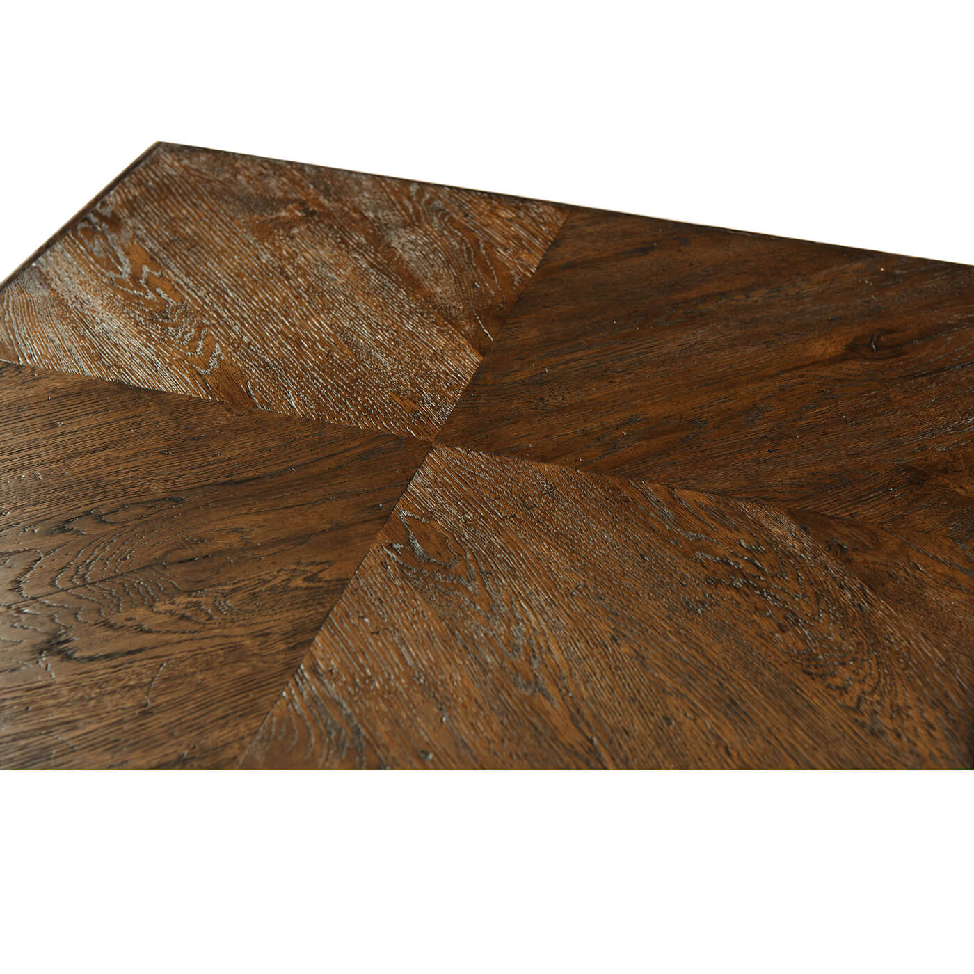 Close-up of dark oak rustic end table surface.