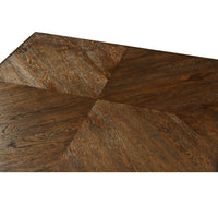 Close-up of dark oak rustic end table surface.