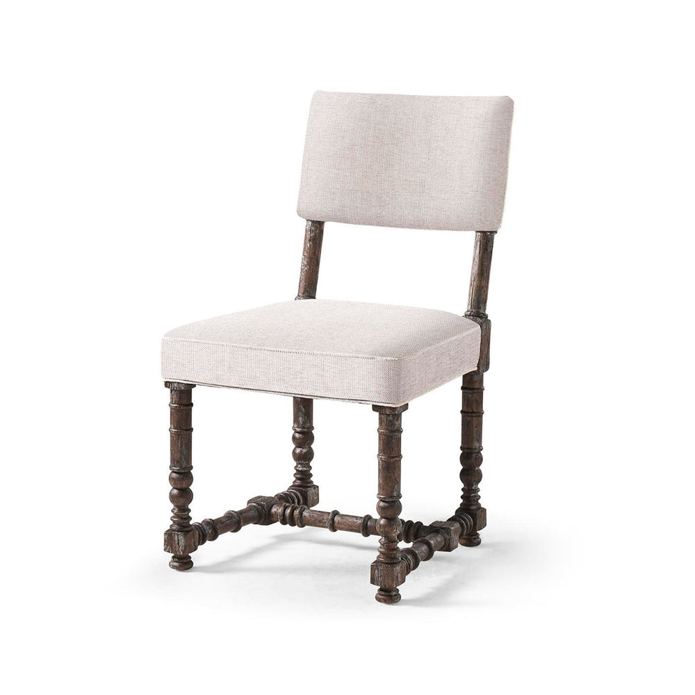Rustic farmhouse chair, front angle view, white upholstery.