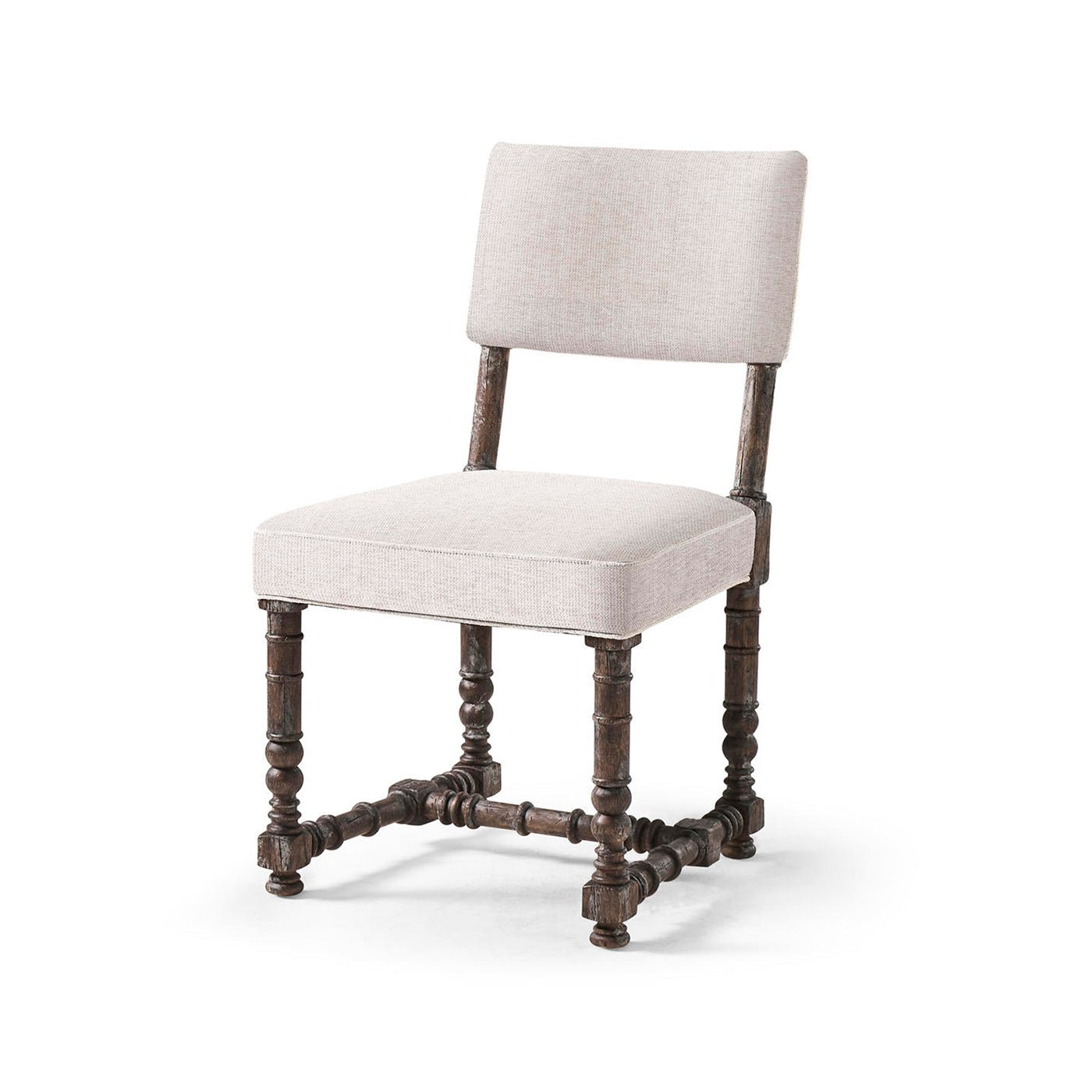 Rustic farmhouse chair, front angle view, white upholstery.