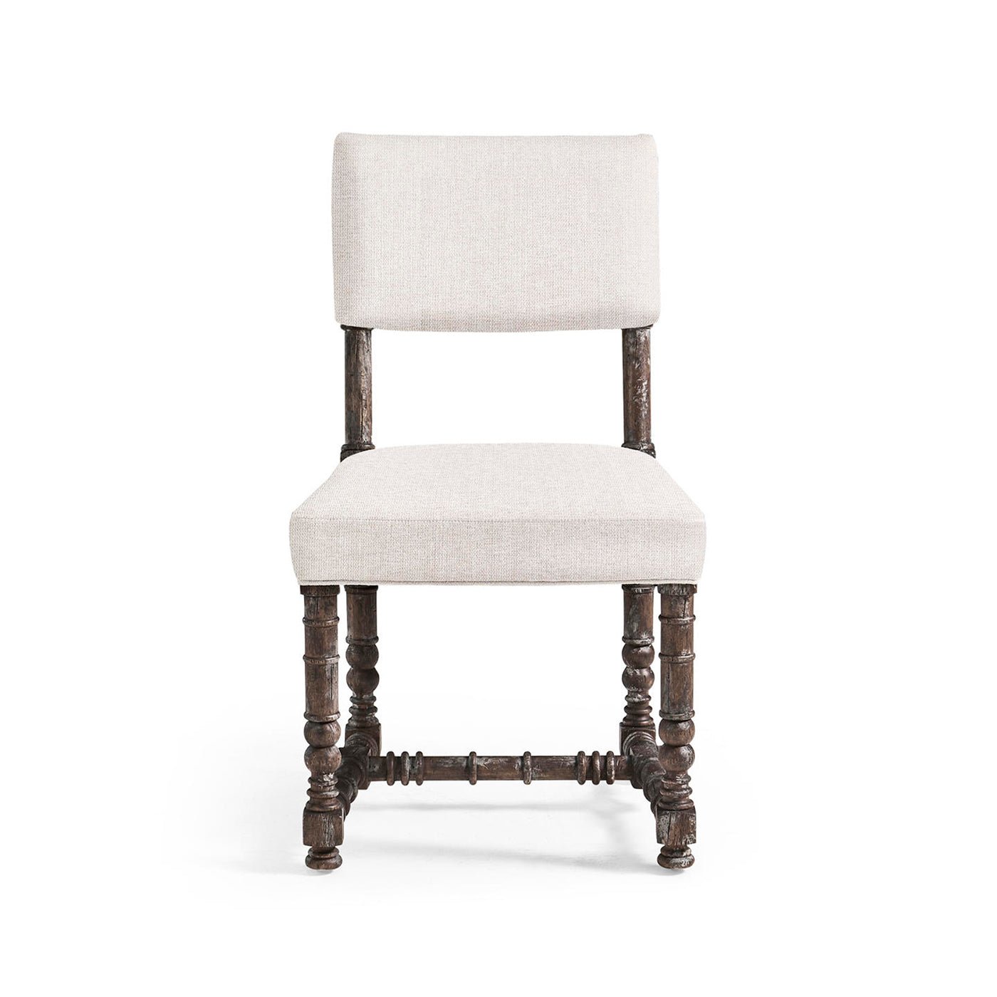 Rustic farmhouse chair, front view, wooden legs.