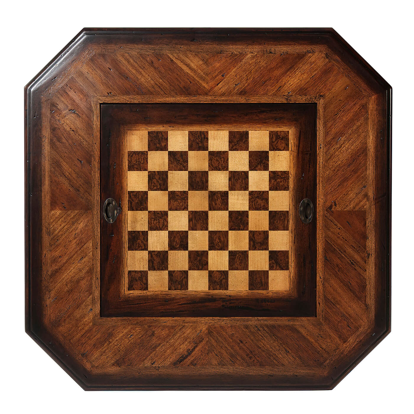 Overhead view of chessboard on game table.