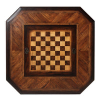 Overhead view of chessboard on game table.