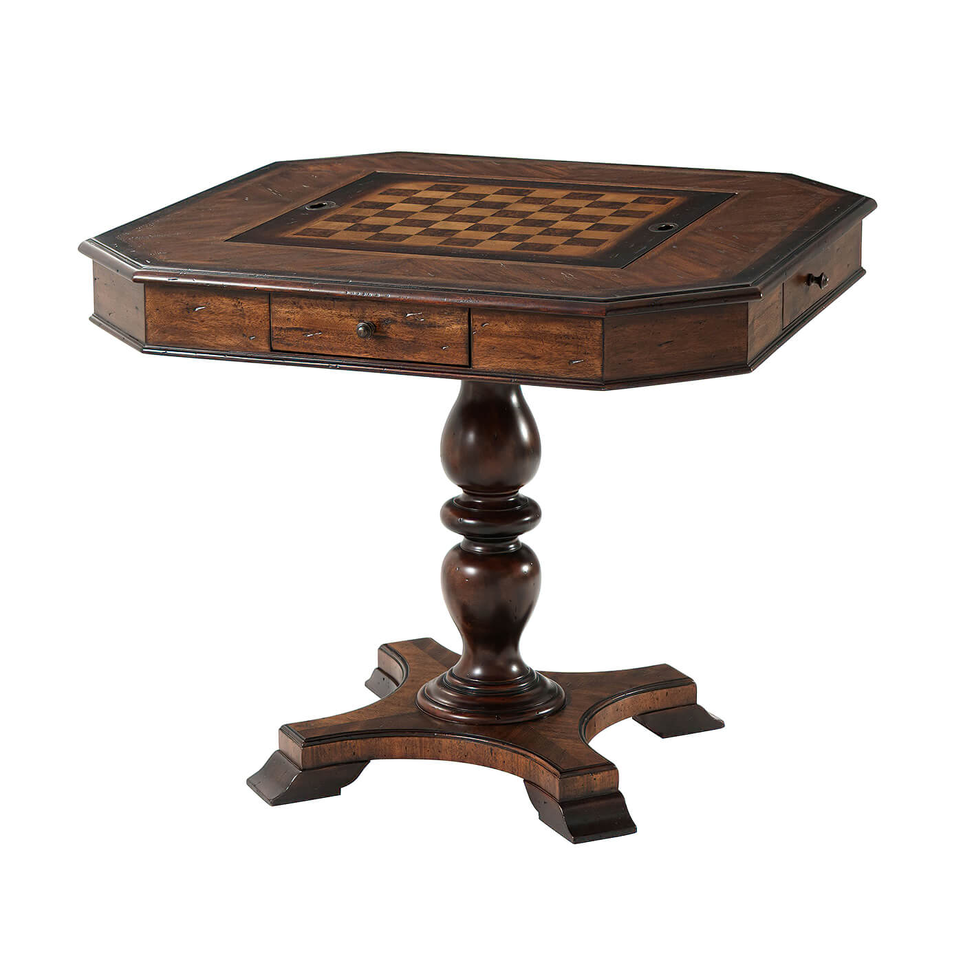 Chessboard game table with drawers, front view.