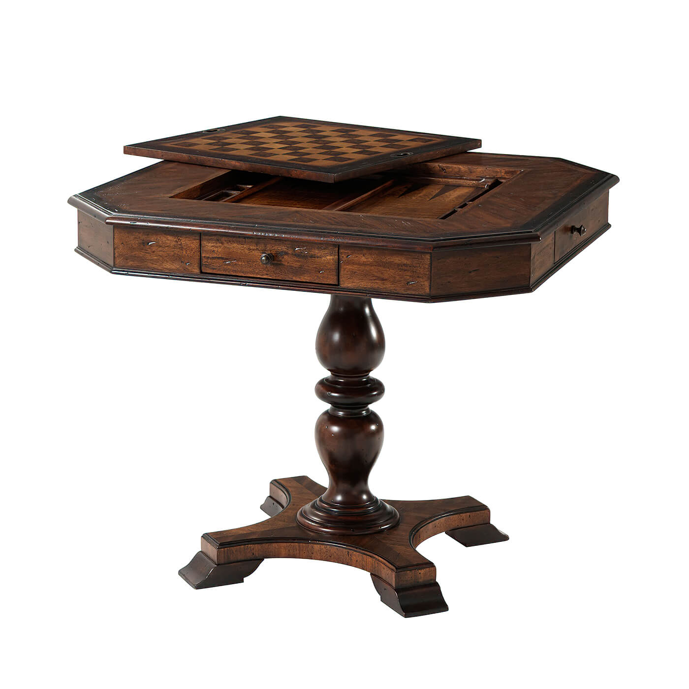Game table with open chessboard compartment.