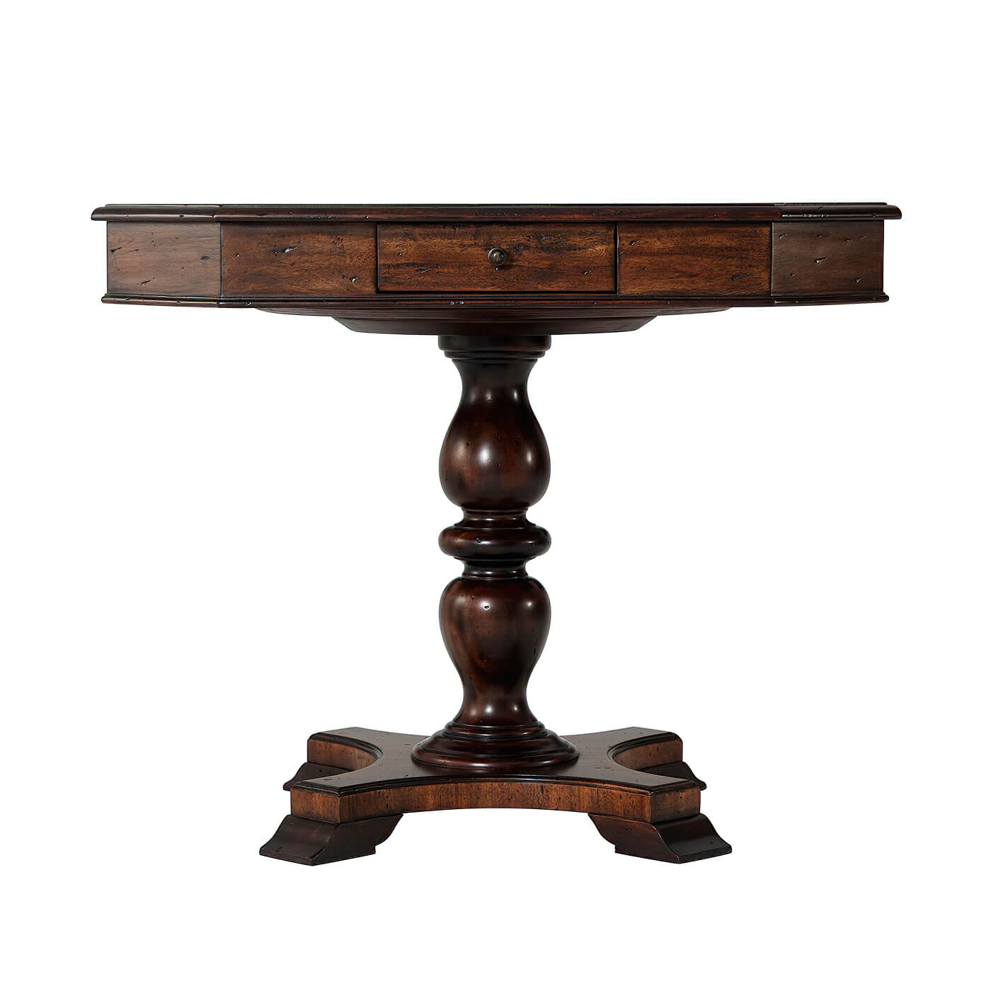 Game table side view, showing drawer details.