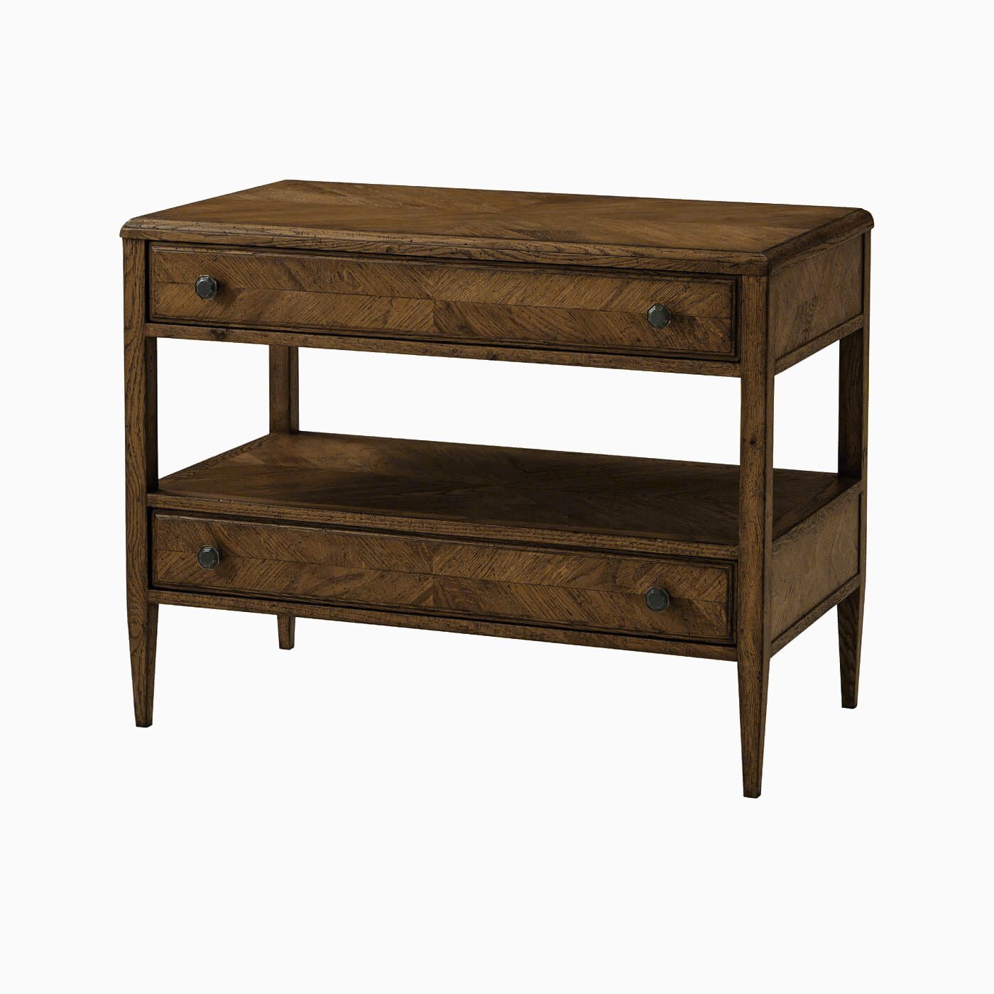 Dark rustic oak bedside table with two drawers.