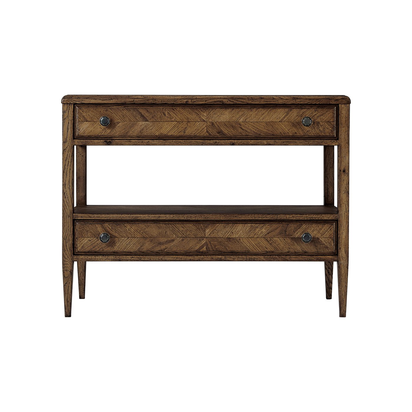 Front view of oak bedside table with drawers.