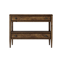 Front view of oak bedside table with drawers.