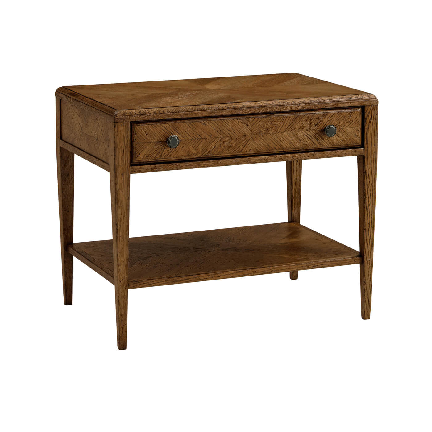 Angle view of dark oak end table with drawer.