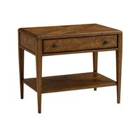 Angle view of dark oak end table with drawer.