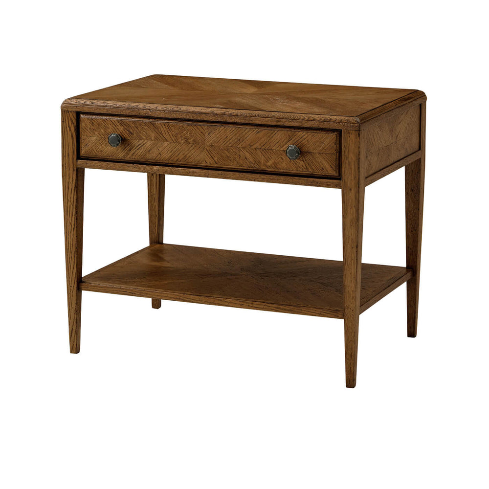 Dark rustic oak end table with drawer and shelf.