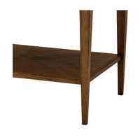 Legs and bottom shelf of rustic oak end table.