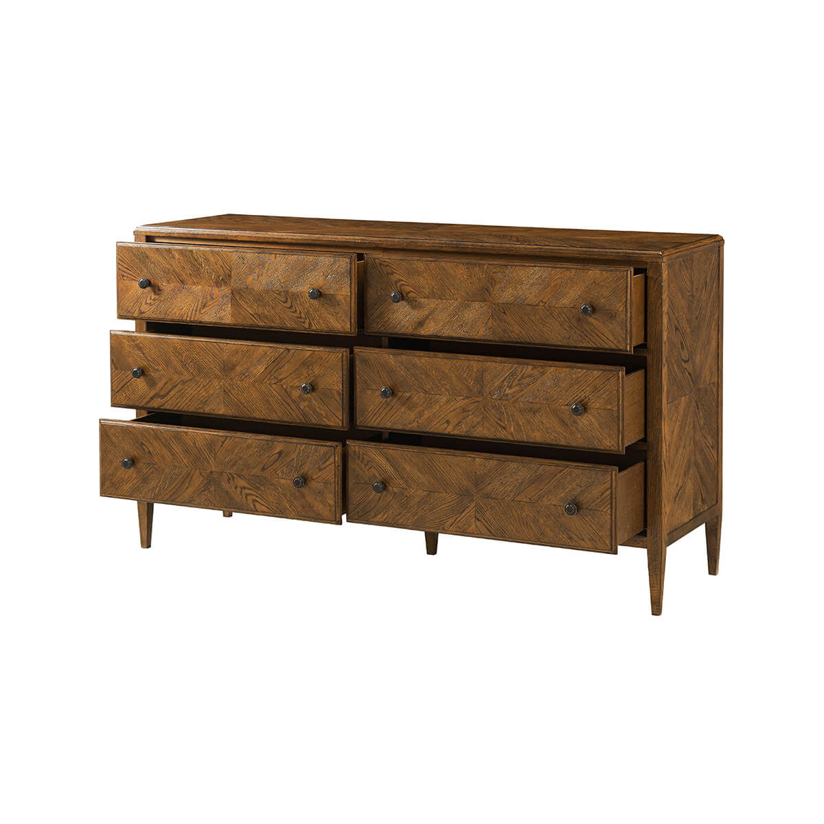 Dark oak dresser, drawers partially open.