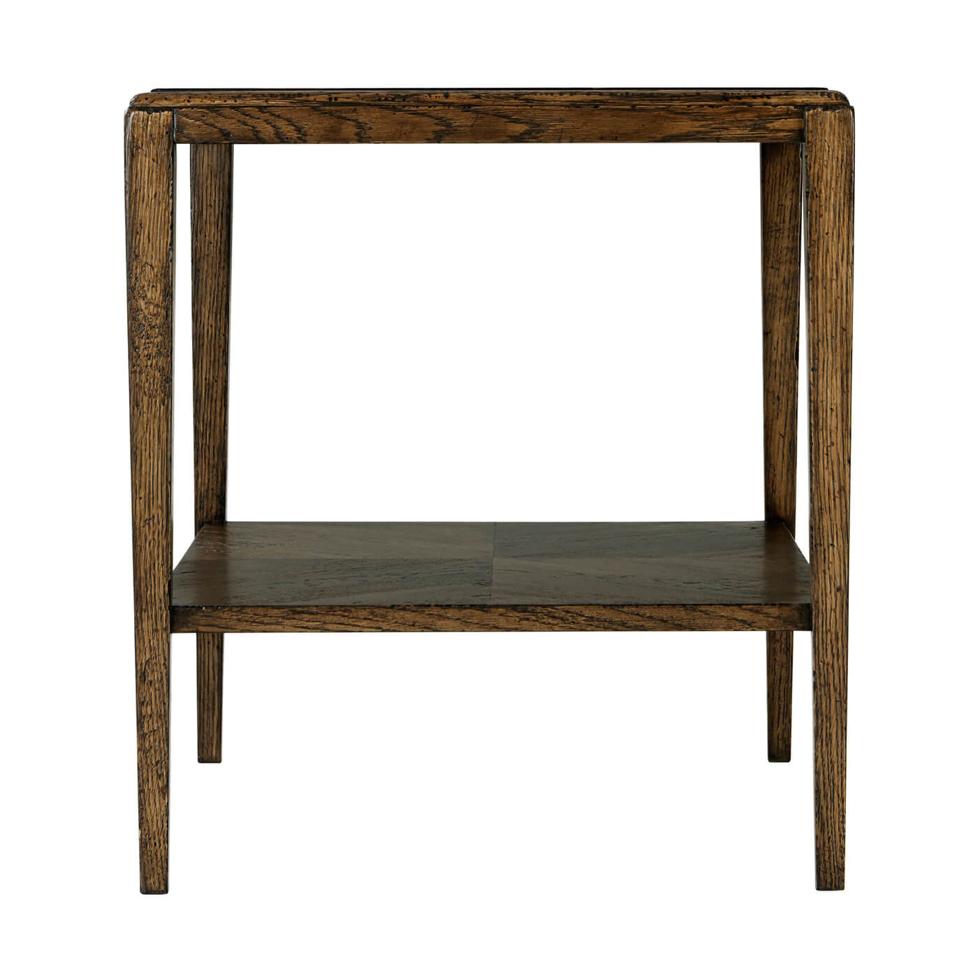 Dark oak side table, side view, two tiers.