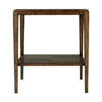 Dark oak side table, side view, two tiers.