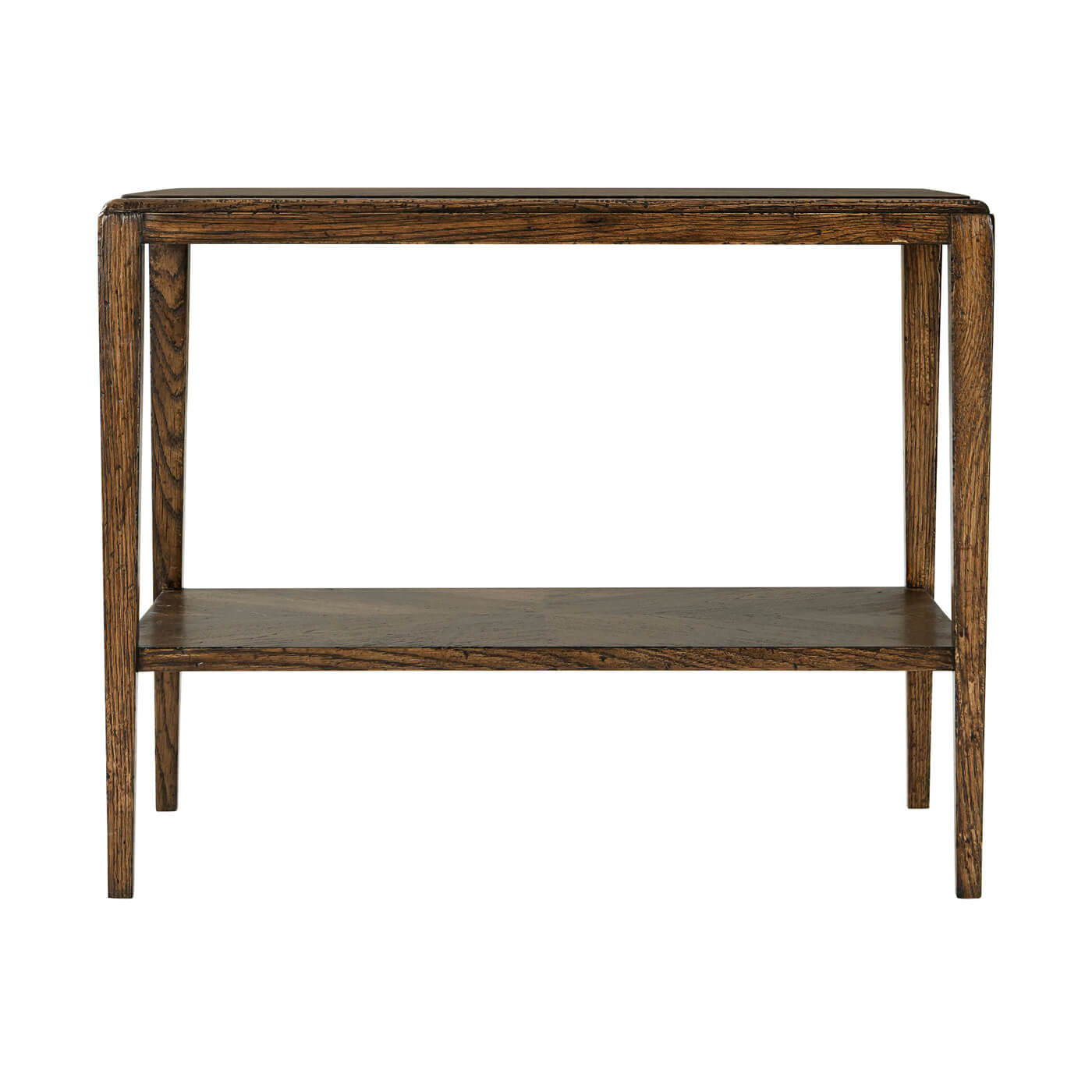 Dark oak side table, front view, two tiers.