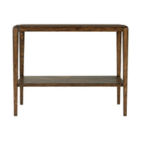 Dark oak side table, front view, two tiers.