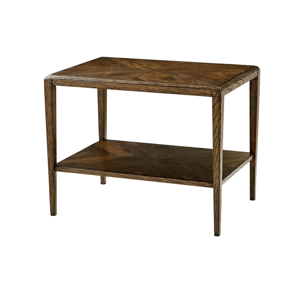 Dark oak side table, two tiers, angled view.
