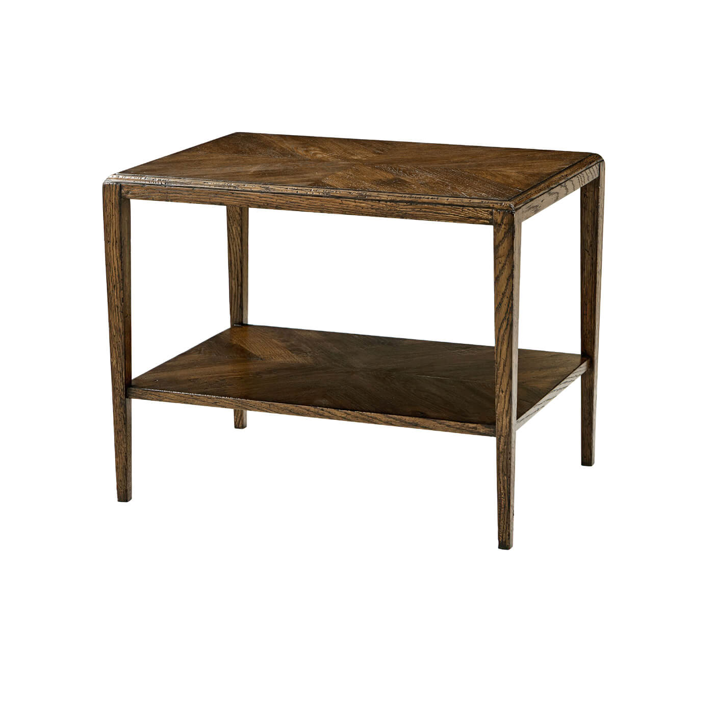 Dark oak side table, two tiers, angled view.
