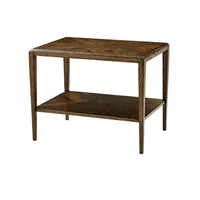 Dark oak side table, two tiers, angled view.