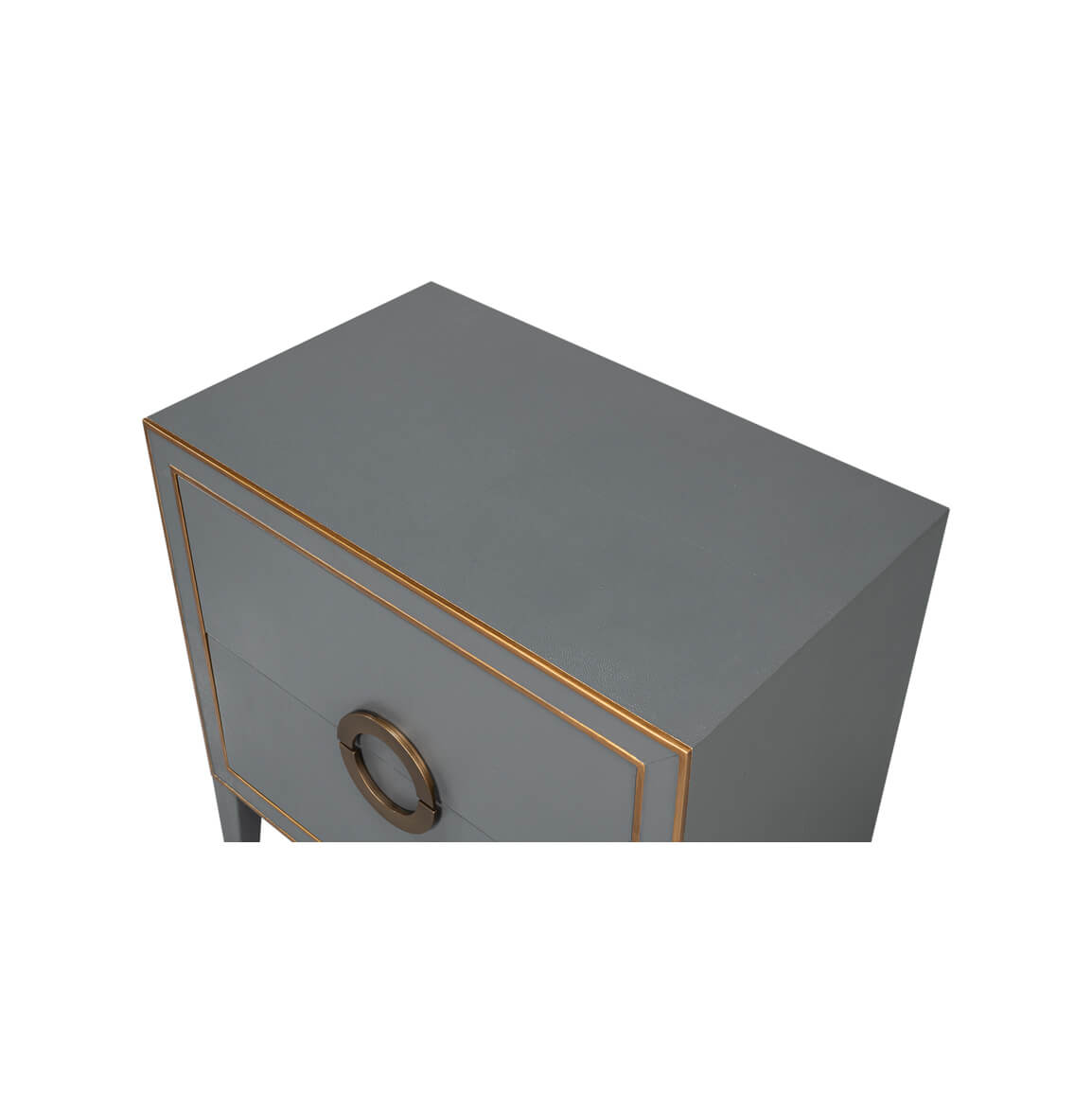 Top view of dark silver modern nightstand, gold trim.