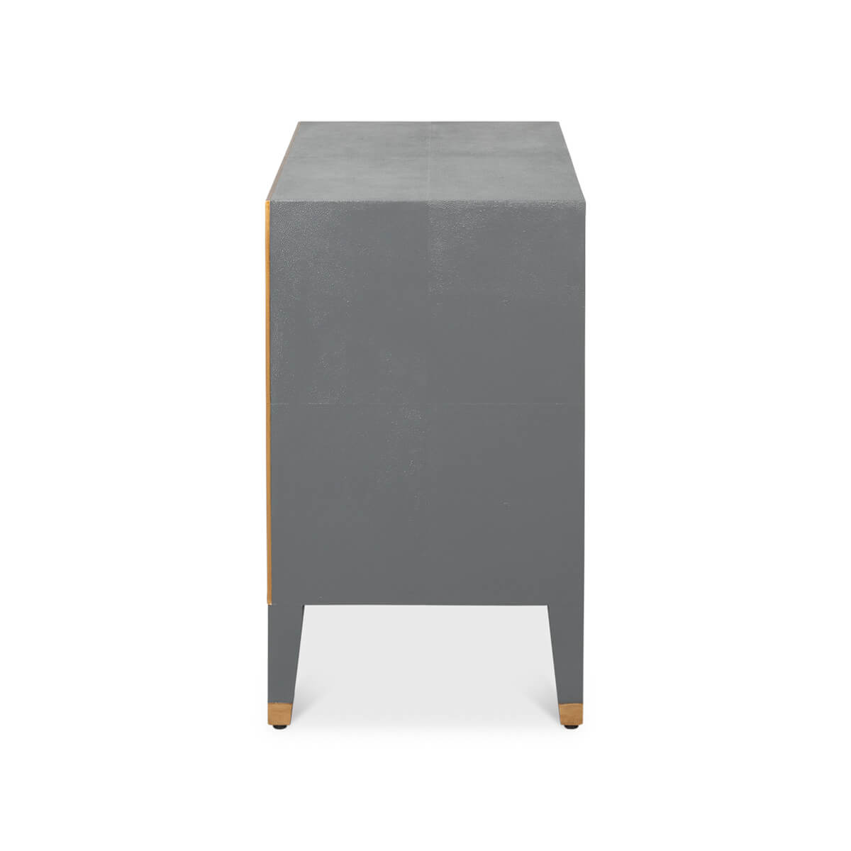 Side view of dark silver modern nightstand, simple design.