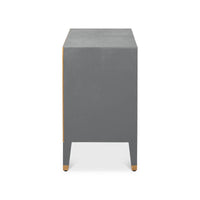 Side view of dark silver modern nightstand, simple design.