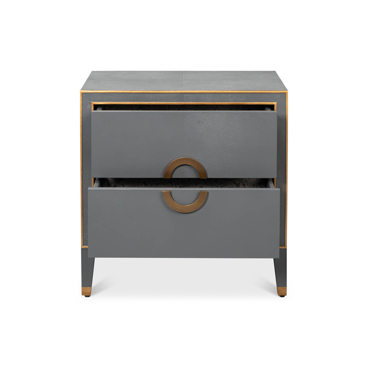 Dark silver modern nightstand open drawers, interior visible.