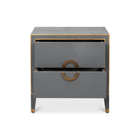 Dark silver modern nightstand open drawers, interior visible.