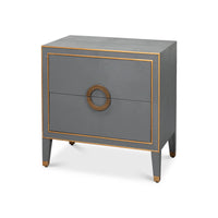 Dark silver modern nightstand angled view, gold trim.