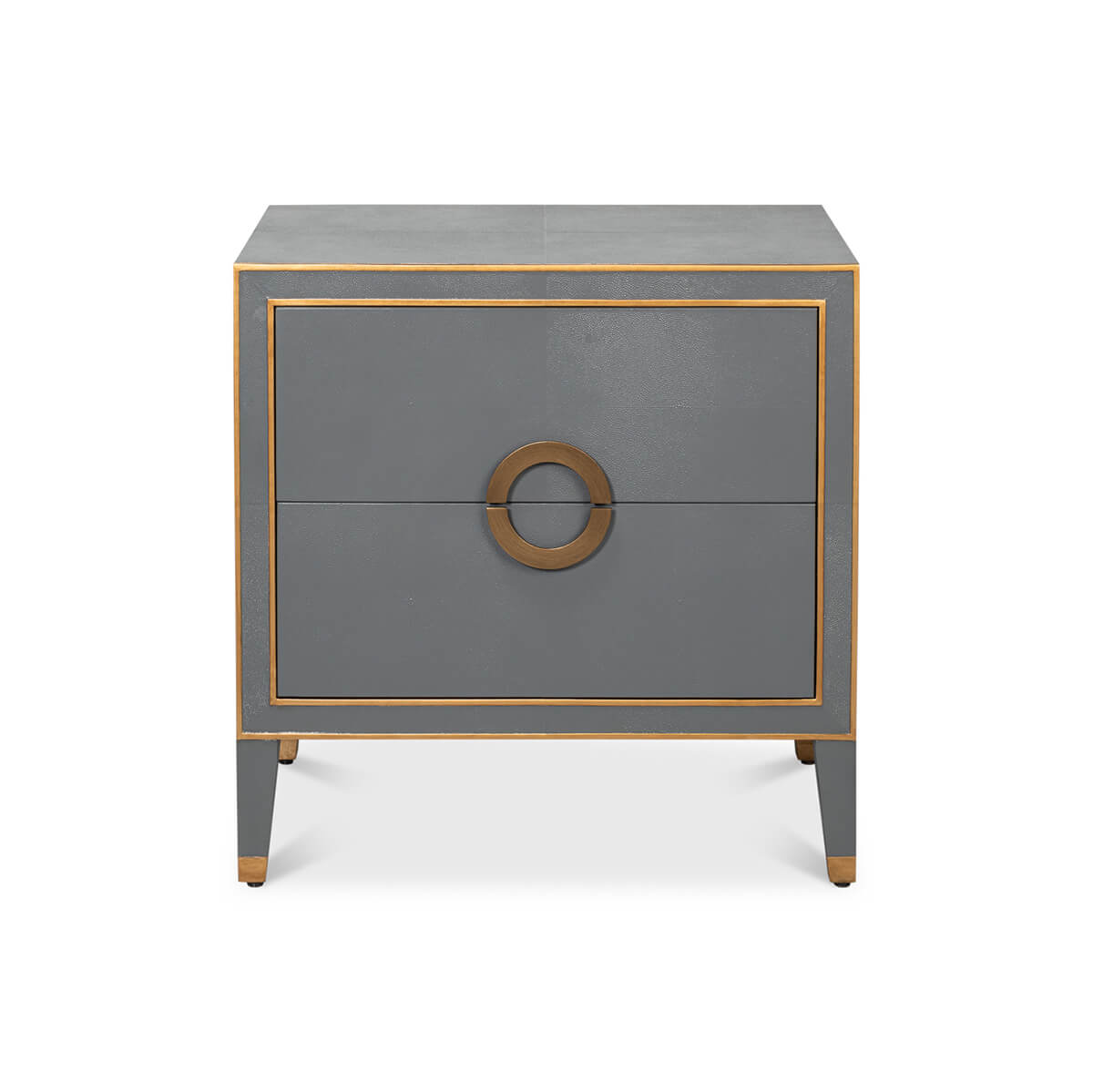 Dark silver modern nightstand front view, centered circle handle.