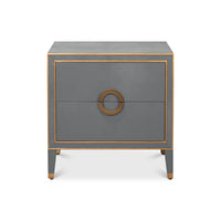 Dark silver modern nightstand front view, centered circle handle.