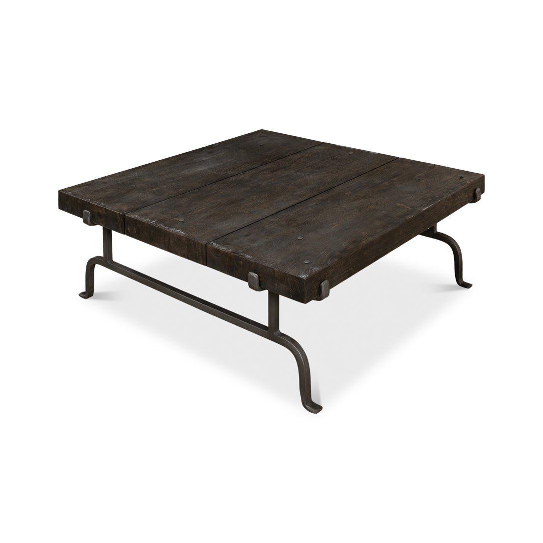 Dark square rustic coffee table right angle view