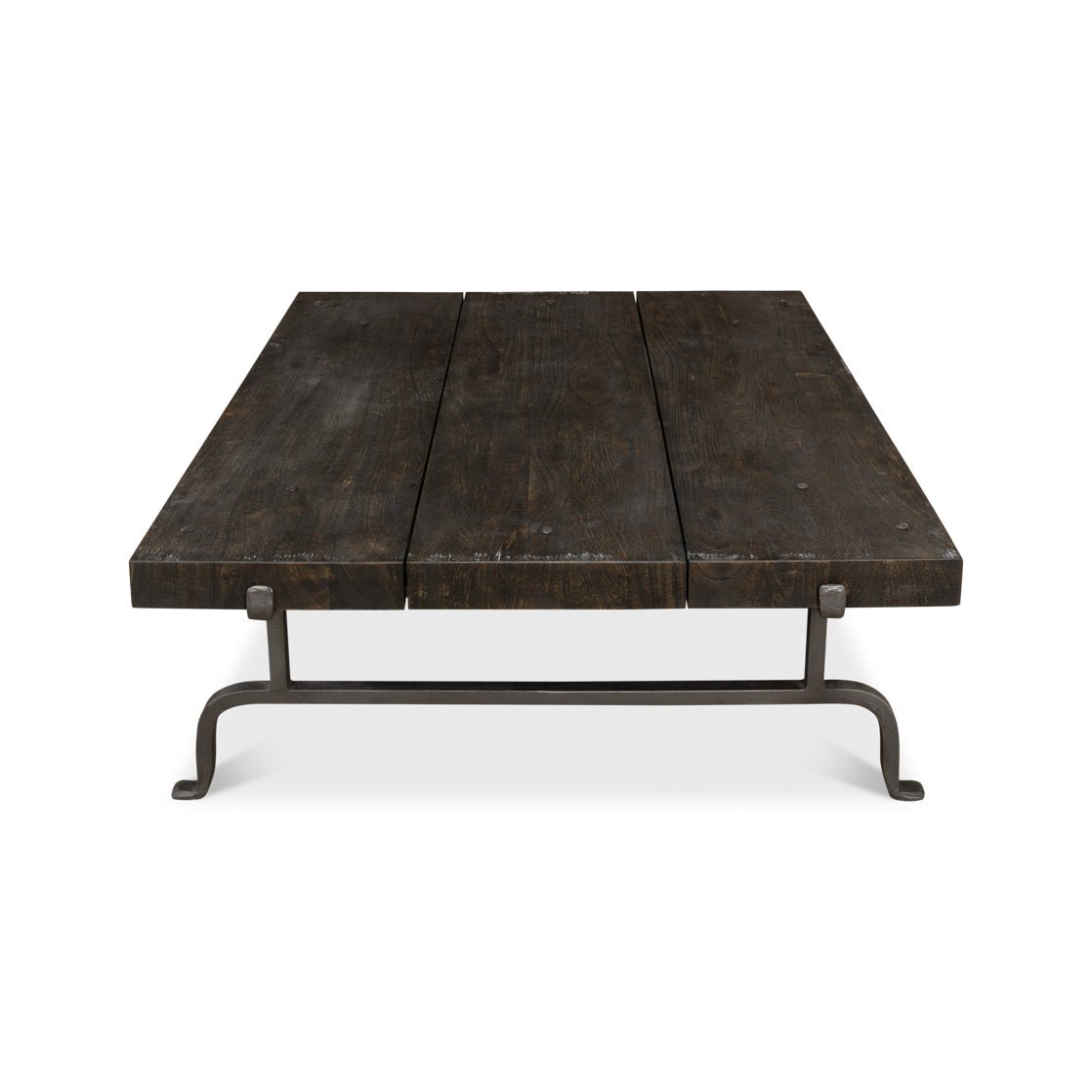 Dark square rustic coffee table side view