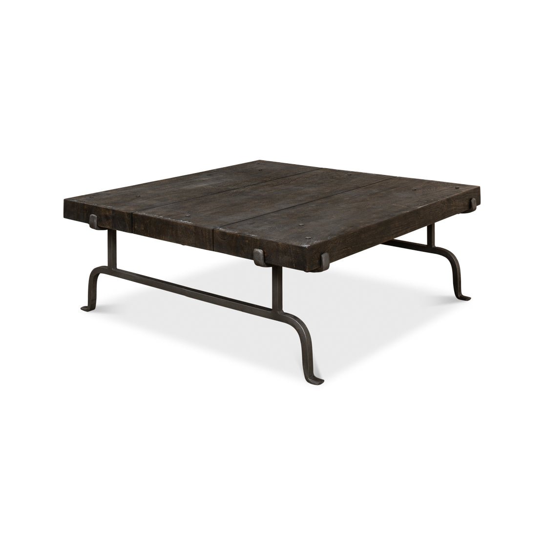 Dark square rustic coffee table angled view