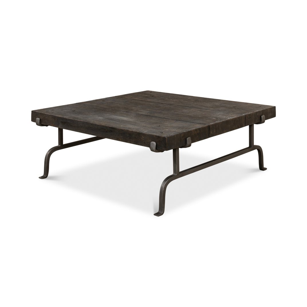 Dark square rustic coffee table from left angle