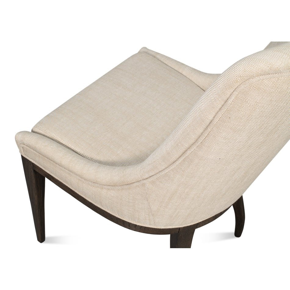 Angled view of beige dining chair and seat.