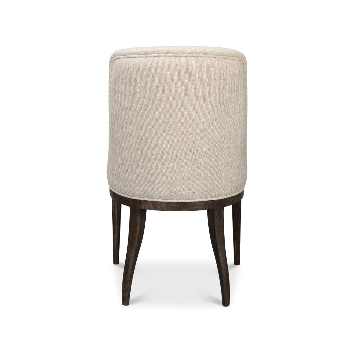 Beige upholstered dining chair, back view.