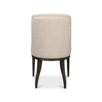 Beige upholstered dining chair, back view.