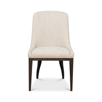 Beige upholstered dining chair, front view.