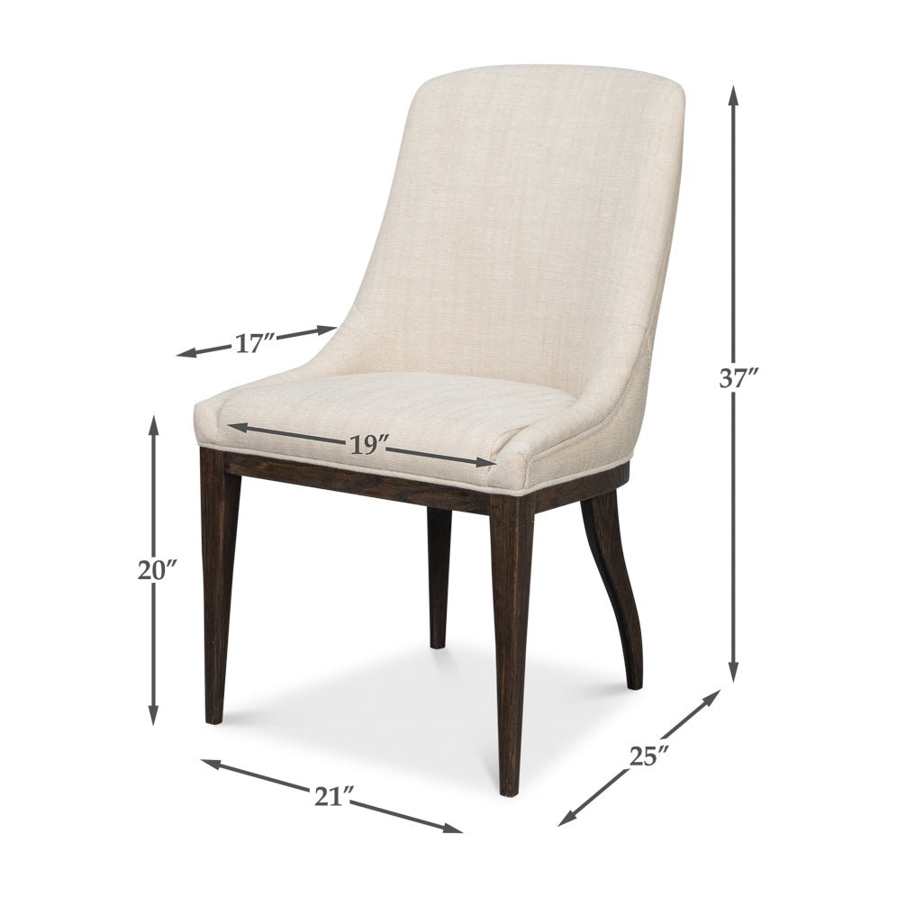 Dimensions of beige upholstered dining chair.