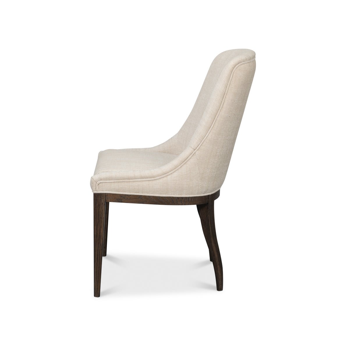 Beige upholstered dining chair, side profile.