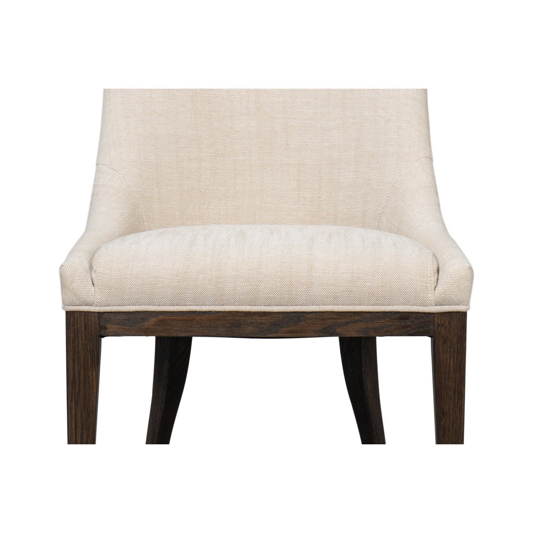 Beige upholstered dining chair, low front angle.