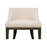 Beige upholstered dining chair, low front angle.