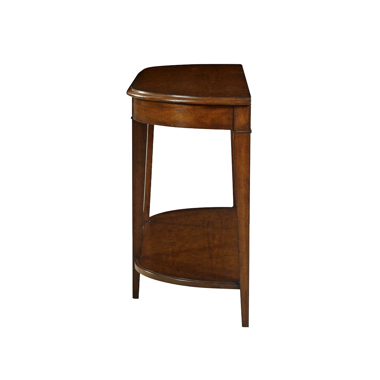 Dark wood console table side profile view.